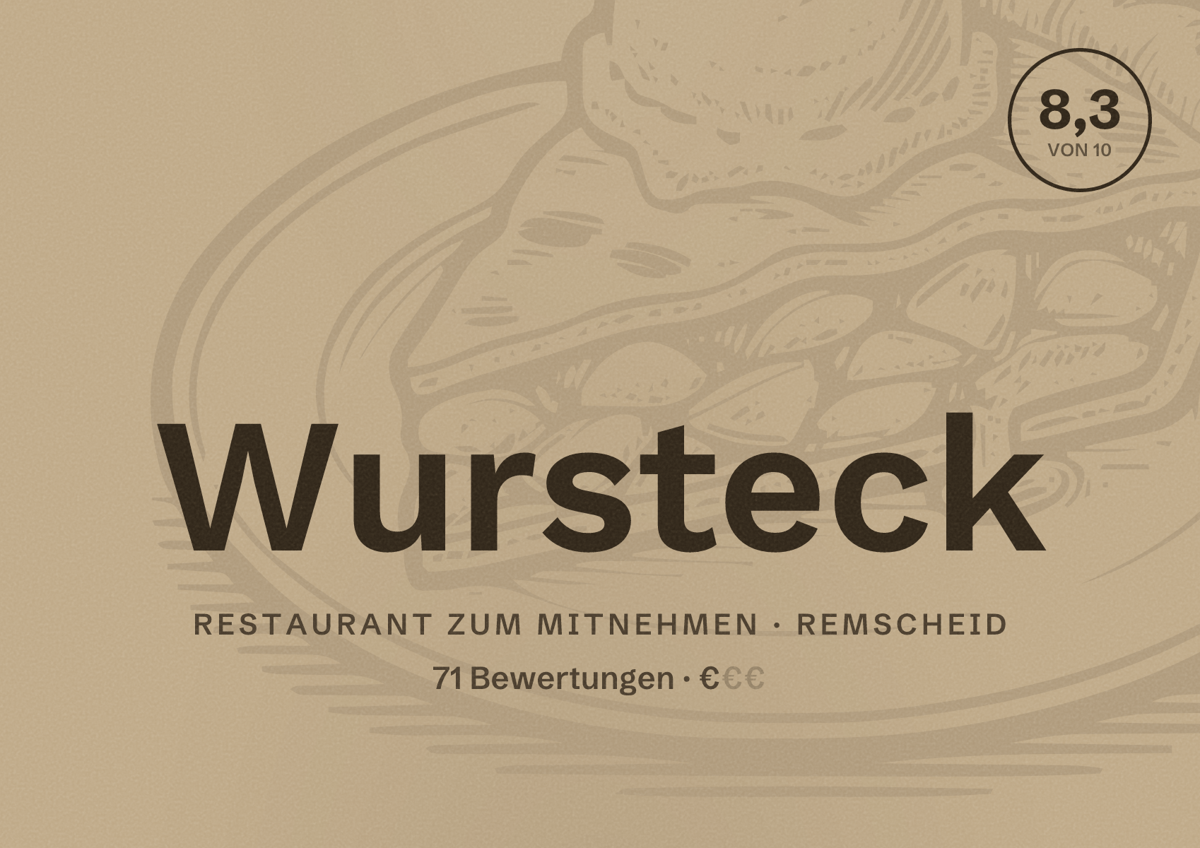 Illustriertes Poster von Wursteck, Restaurant zum Mitnehmen in Remscheid: Bewertung 8,3 von 10 aus 71 Bewertungen, Preisniveau €