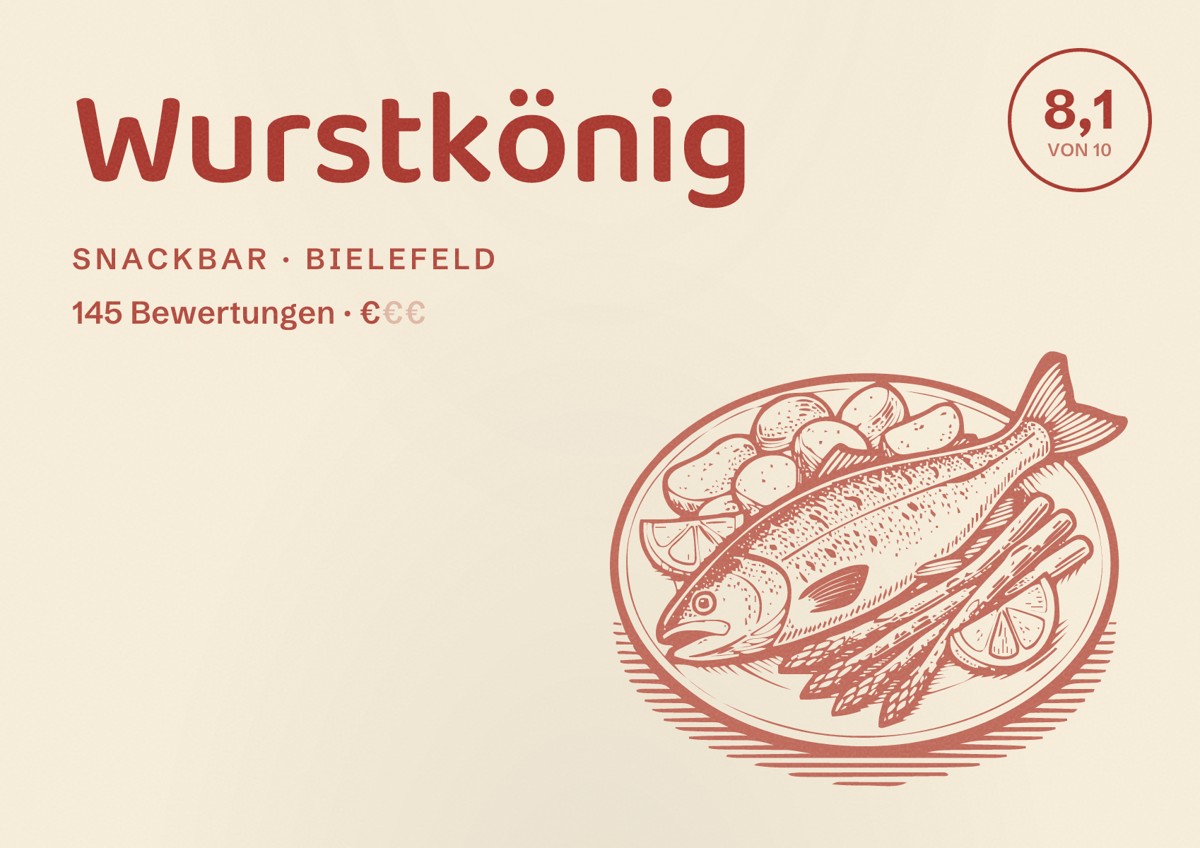 Illustriertes Poster von Wurstkönig, Snackbar in Bielefeld: Gästebewertung 8,1 von 10 aus 145 Bewertungen