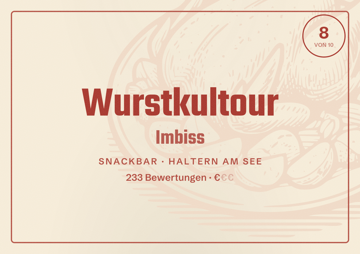 Illustriertes Poster von Wurstkultour Imbiss, Snackbar in Haltern am See: Gästebewertung 8 von 10 aus 233 Bewertungen