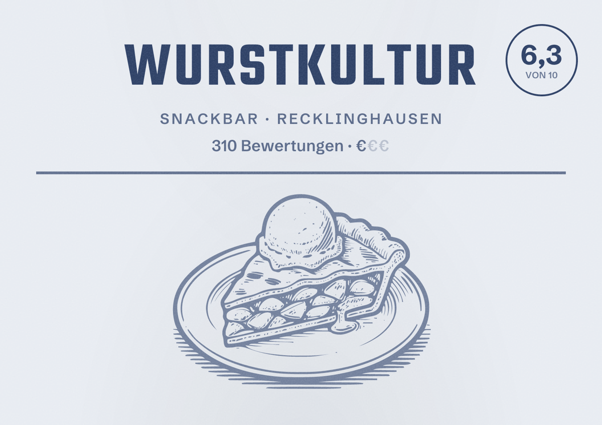 Illustriertes Poster von Wurstkultur, Snackbar in Recklinghausen: Gästebewertung 6,3 von 10 aus 310 Bewertungen