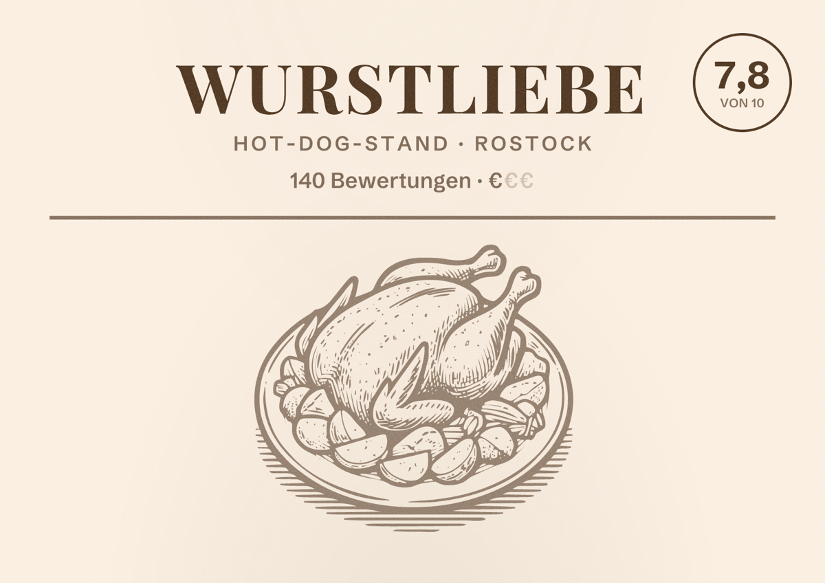 Illustriertes Poster von Wurstliebe, Hot-Dog-Stand in Rostock: Bewertung 7,8 von 10 aus 140 Bewertungen, Preisniveau €