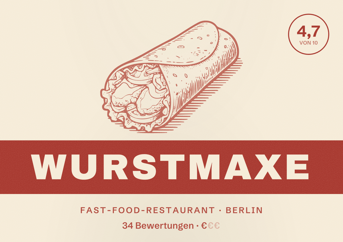 Illustriertes Poster von Wurstmaxe, Fast-Food-Restaurant in Berlin: Bewertung 4,7 von 10 aus 34 Bewertungen, Preisniveau €