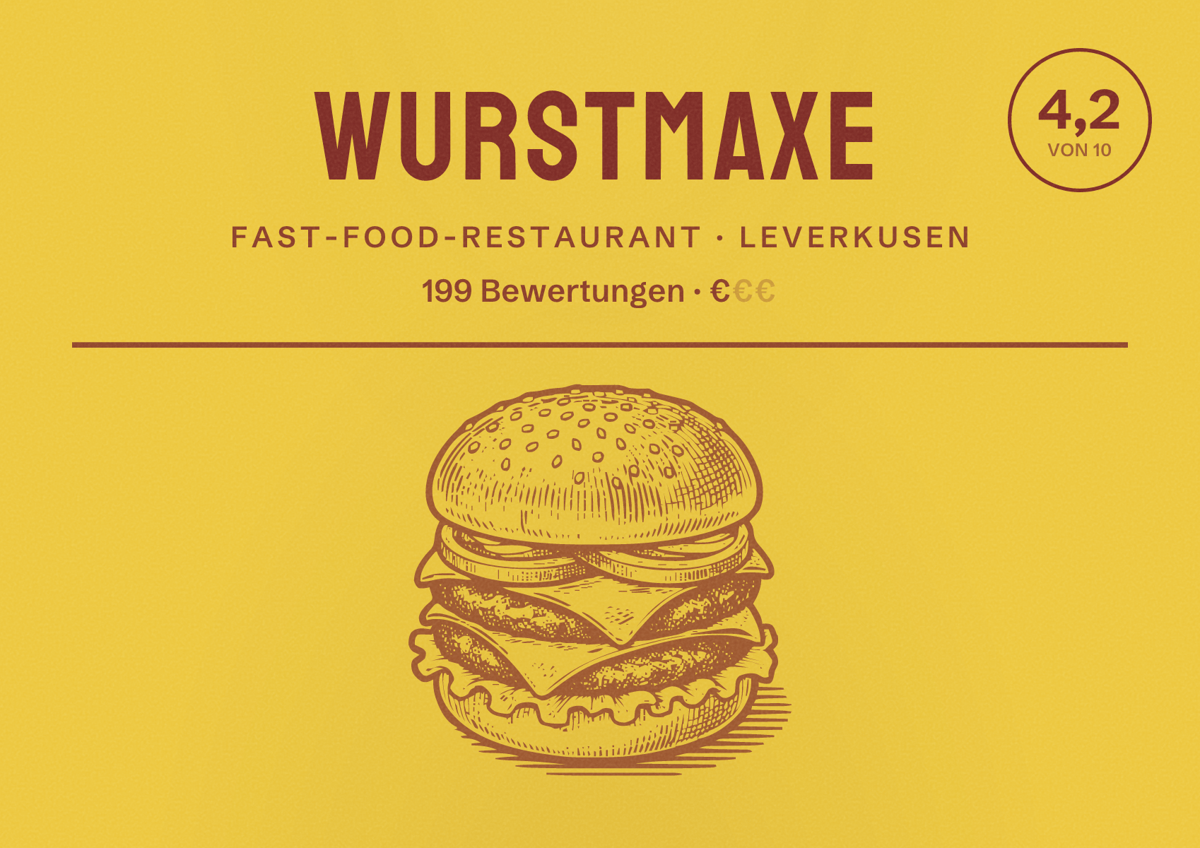 Illustriertes Poster von Wurstmaxe, Fast-Food-Restaurant in Leverkusen: Bewertung 4,2 von 10 aus 199 Bewertungen, Preisniveau €
