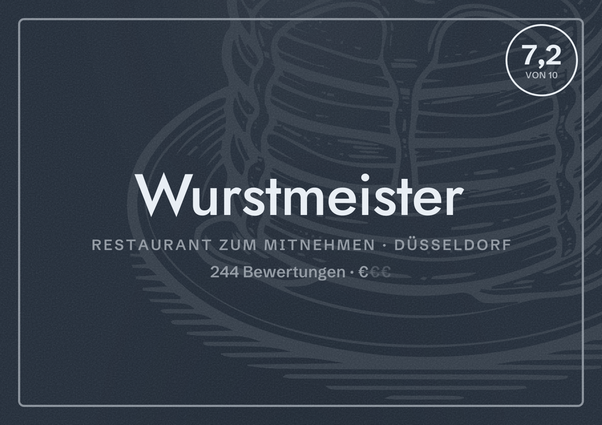 Illustriertes Poster von Wurstmeister, Restaurant zum Mitnehmen in Düsseldorf: Bewertung 7,2 von 10 aus 244 Bewertungen, Preisniveau €