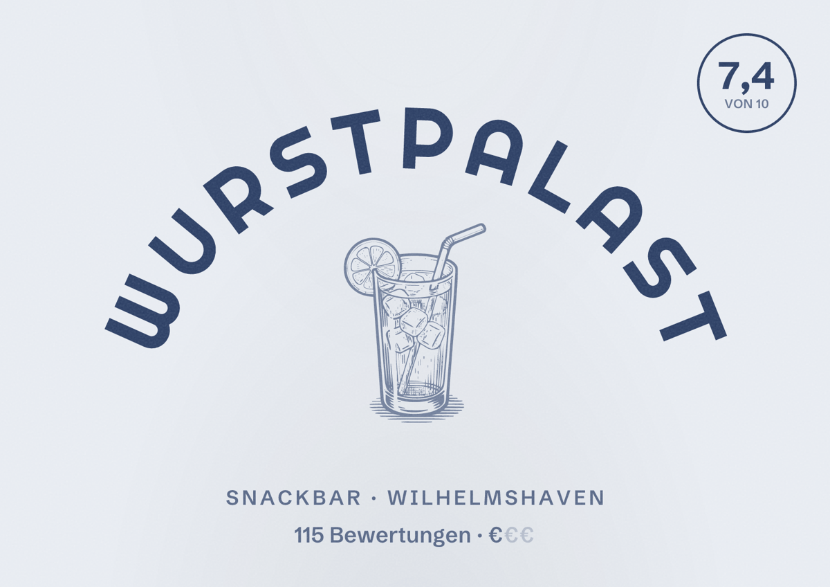 Illustriertes Poster von Wurstpalast, Snackbar in Wilhelmshaven: Bewertung 7,4 von 10 aus 115 Bewertungen, Preisniveau €