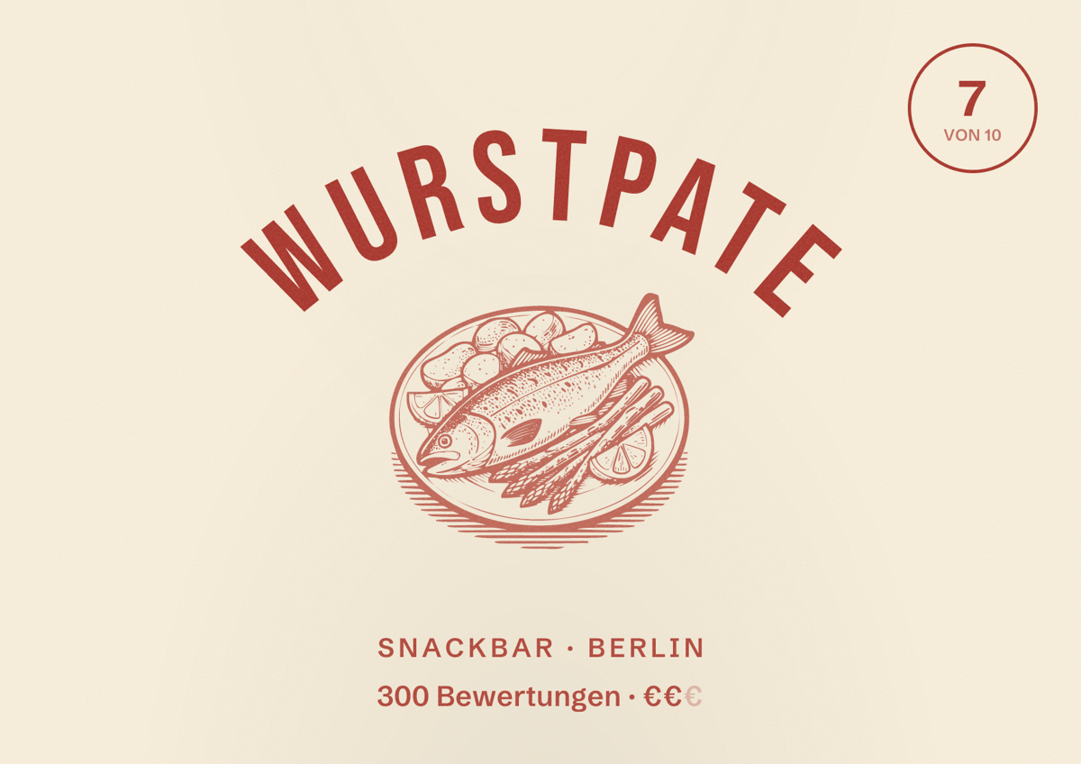 Illustriertes Poster von Wurstpate, Snackbar in Berlin: Bewertung 7 von 10 aus 300 Bewertungen, Preisniveau €€
