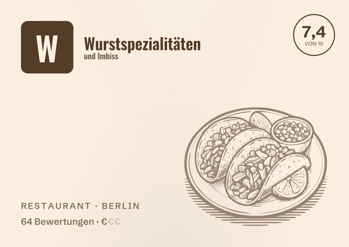Illustriertes Poster von Wurstspezialitäten und Imbiss, Restaurant in Berlin: Bewertung 7,4 von 10 aus 64 Bewertungen, Preisniveau €