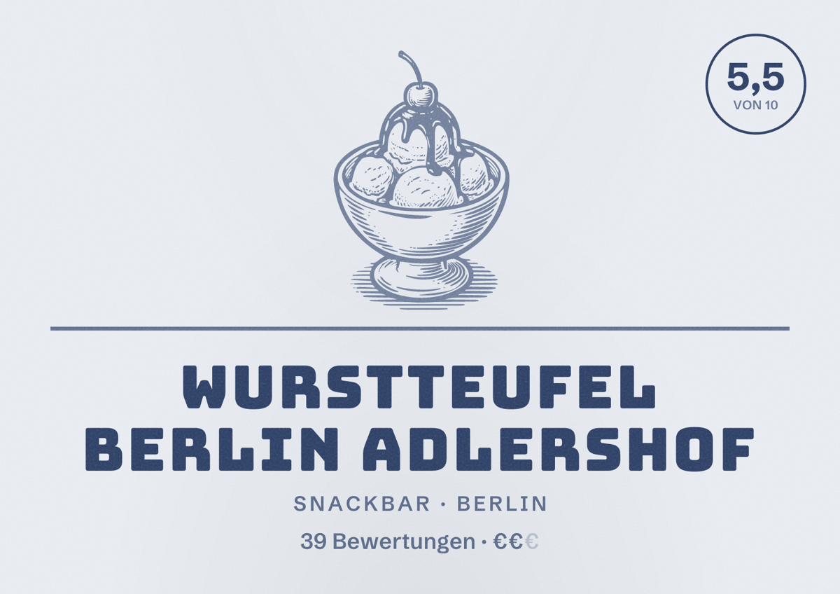 Illustriertes Poster von Wurstteufel Berlin Adlershof, Snackbar in Berlin: Bewertung 5,5 von 10 aus 39 Bewertungen, Preisniveau €€