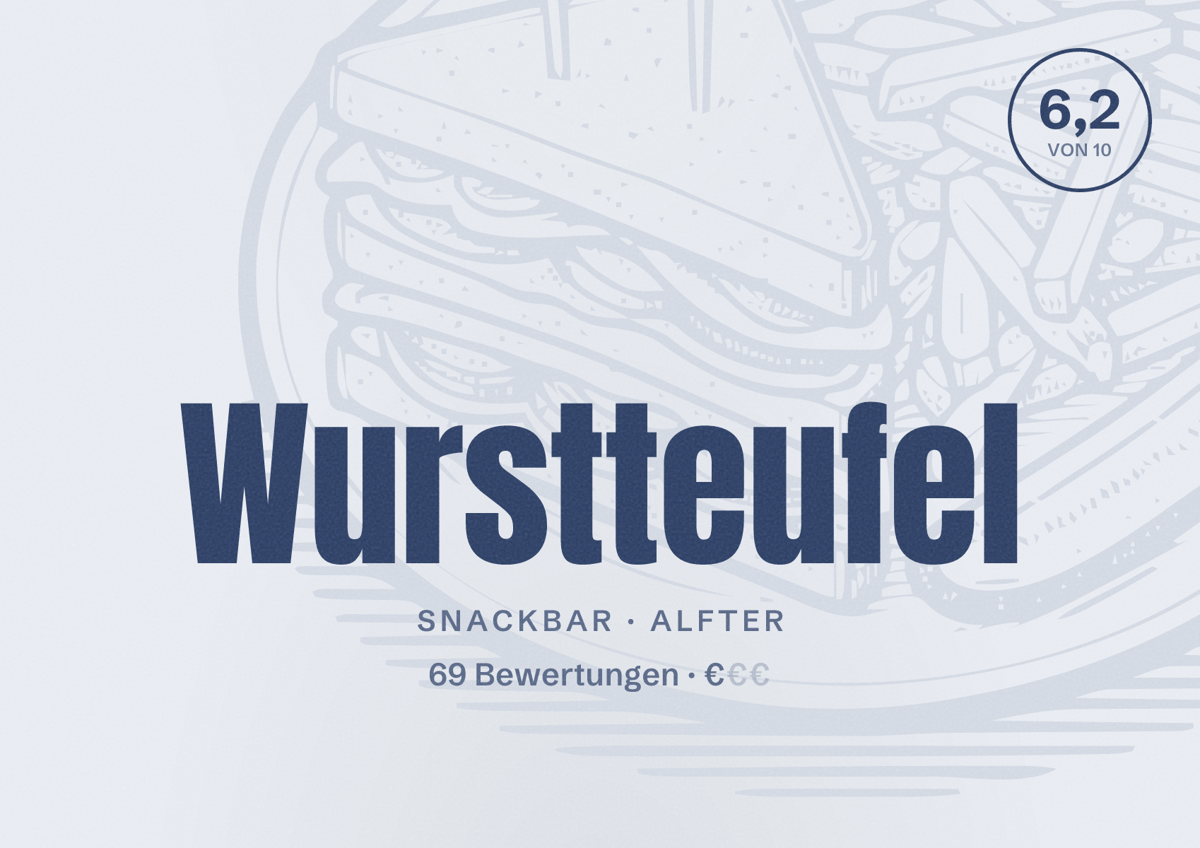 Illustriertes Poster von Wurstteufel, Snackbar in Alfter: Bewertung 6,2 von 10 aus 69 Bewertungen, Preisniveau €