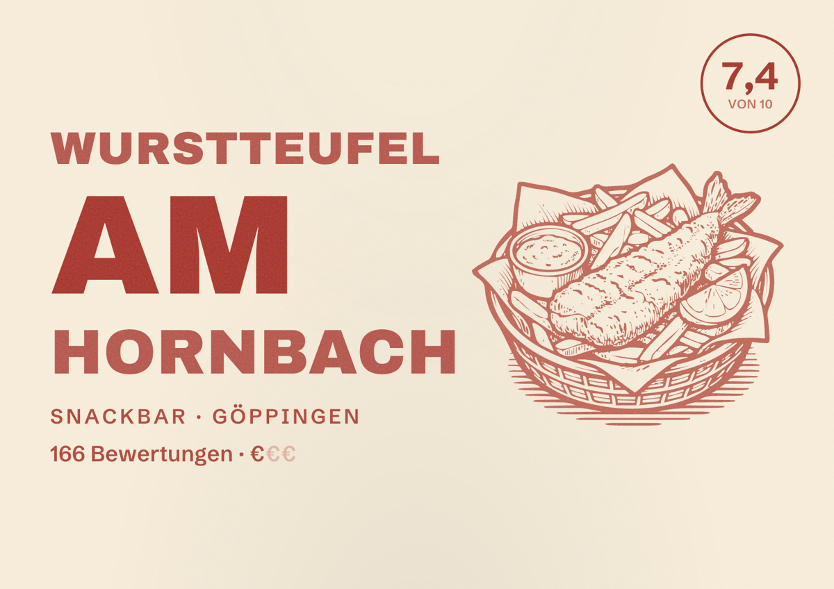 Illustriertes Poster von Wurstteufel am HORNBACH, Snackbar in Göppingen: Bewertung 7,4 von 10 aus 166 Bewertungen, Preisniveau €