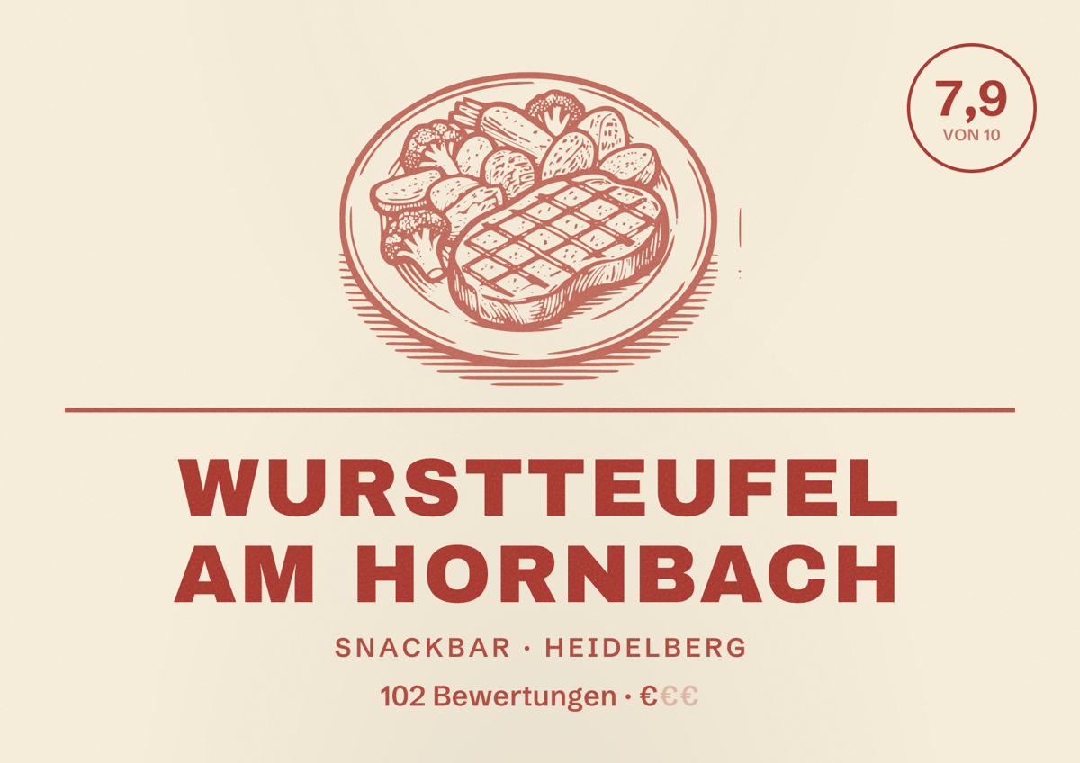Illustriertes Poster von Wurstteufel am HORNBACH, Snackbar in Heidelberg: Bewertung 7,9 von 10 aus 102 Bewertungen, Preisniveau €