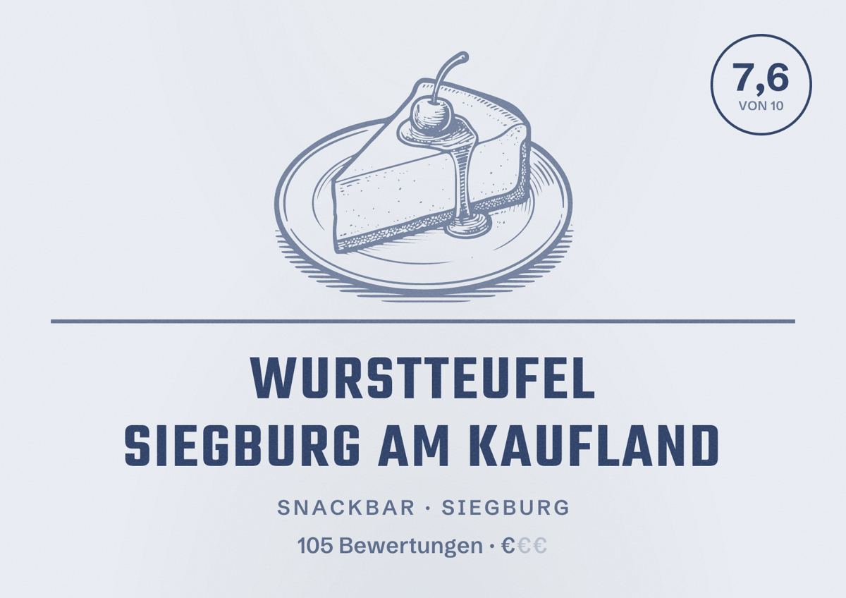 Illustriertes Poster von Wurstteufel Siegburg am Kaufland, Snackbar in Siegburg: Bewertung 7,6 von 10 aus 105 Bewertungen, Preisniveau €