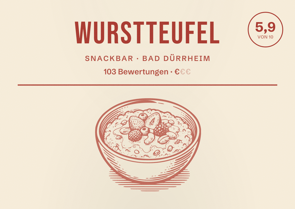 Illustriertes Poster von Wurstteufel, Snackbar in Bad Dürrheim: Bewertung 5,9 von 10 aus 103 Bewertungen, Preisniveau €