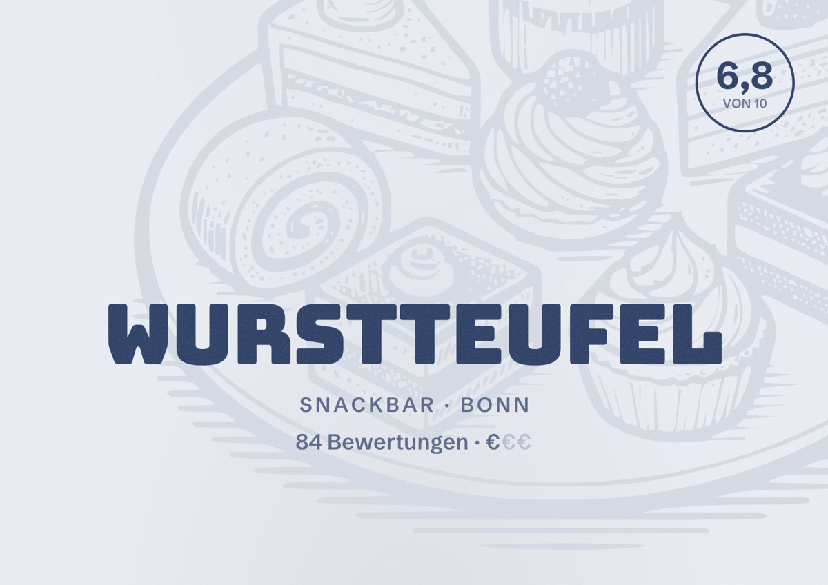 Illustriertes Poster von Wurstteufel, Snackbar in Bonn: Bewertung 6,8 von 10 aus 84 Bewertungen, Preisniveau €