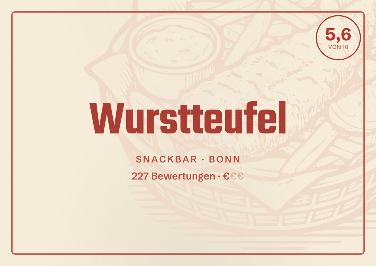 Illustriertes Poster von Wurstteufel, Snackbar in Bonn: Bewertung 5,6 von 10 aus 227 Bewertungen, Preisniveau €