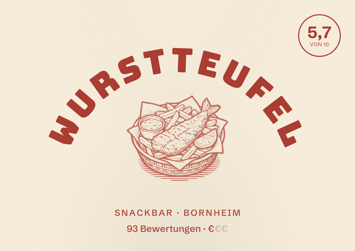 Illustriertes Poster von Wurstteufel, Snackbar in Bornheim: Bewertung 5,7 von 10 aus 93 Bewertungen, Preisniveau €