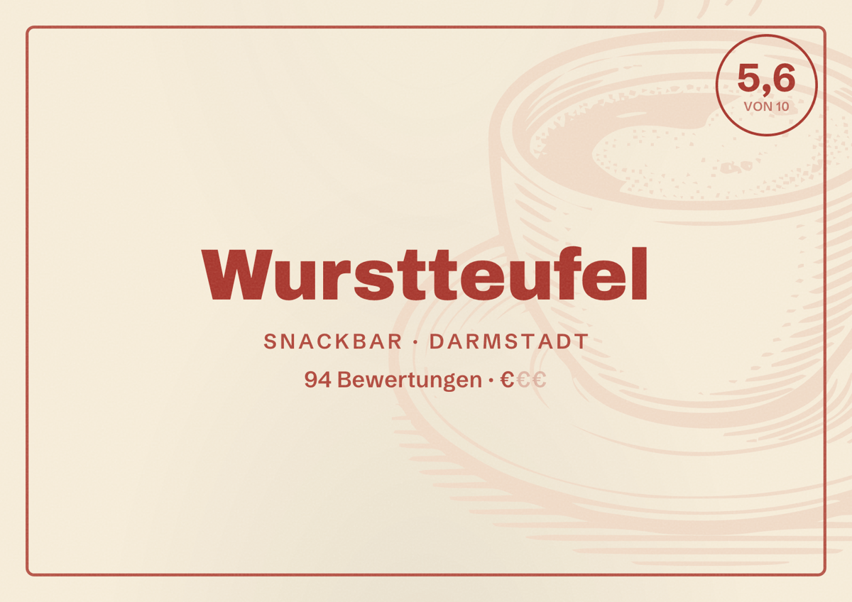 Illustriertes Poster von Wurstteufel, Snackbar in Darmstadt: Bewertung 5,6 von 10 aus 94 Bewertungen, Preisniveau €