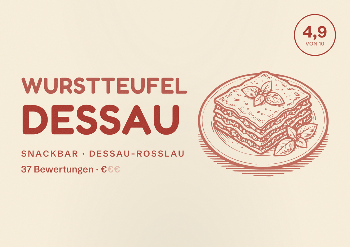 Illustriertes Poster von Wurstteufel Dessau, Snackbar in Dessau-Roßlau: Bewertung 4,9 von 10 aus 37 Bewertungen, Preisniveau €