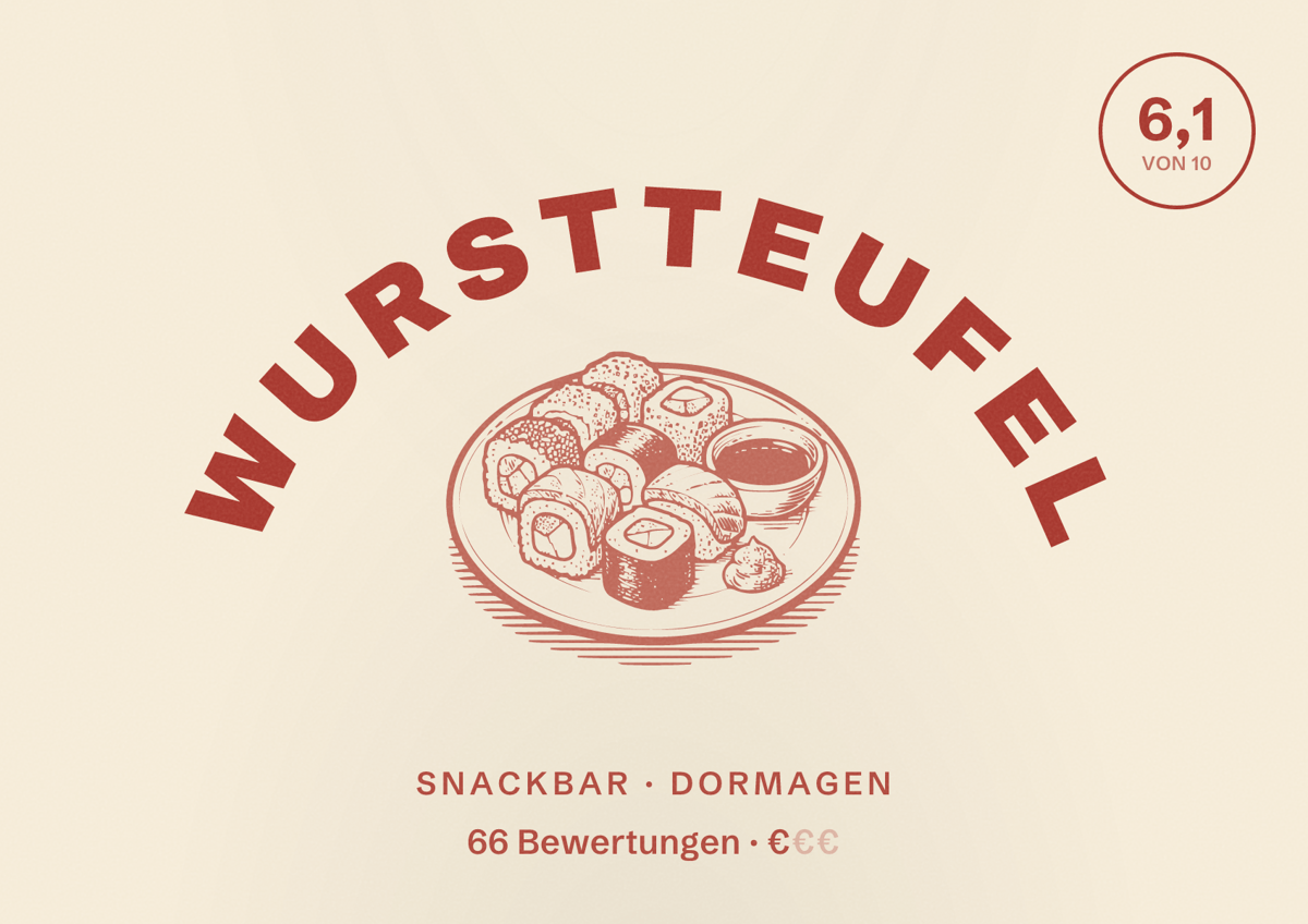Illustriertes Poster von Wurstteufel, Snackbar in Dormagen: Bewertung 6,1 von 10 aus 66 Bewertungen, Preisniveau €