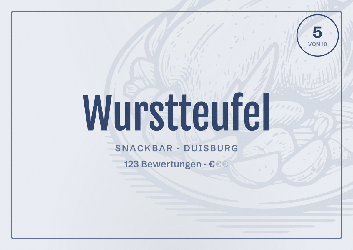 Illustriertes Poster von Wurstteufel, Snackbar in Duisburg: Bewertung 5 von 10 aus 123 Bewertungen, Preisniveau €