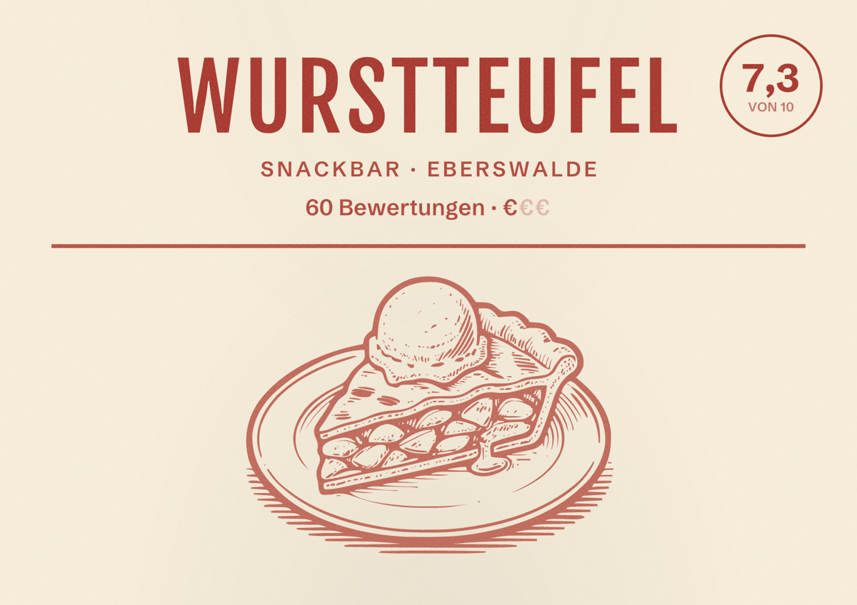 Illustriertes Poster von Wurstteufel, Snackbar in Eberswalde: Bewertung 7,3 von 10 aus 60 Bewertungen, Preisniveau €