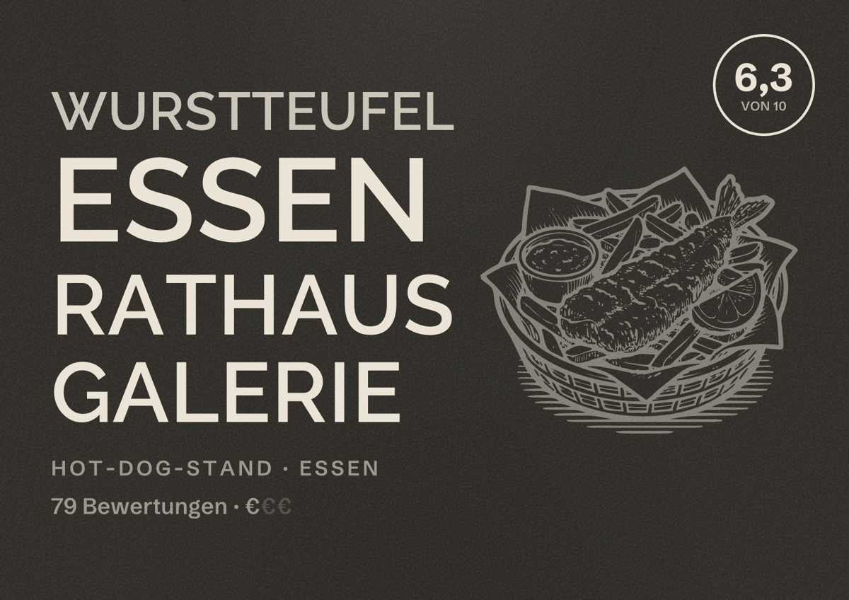 Illustriertes Poster von Wurstteufel Essen Rathaus Galerie, Hot-Dog-Stand in Essen: Bewertung 6,3 von 10 aus 79 Bewertungen, Preisniveau €