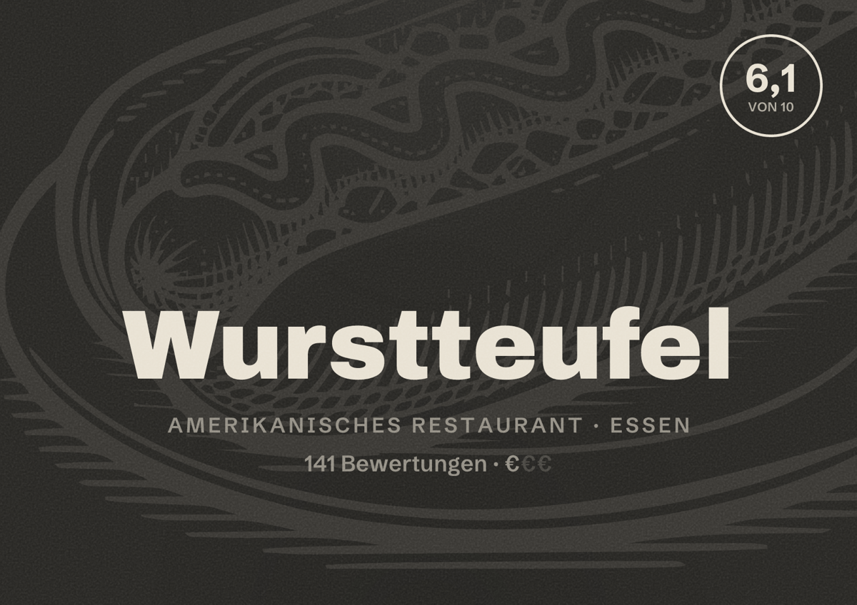 Illustriertes Poster von Wurstteufel, Amerikanisches Restaurant in Essen: Bewertung 6,1 von 10 aus 141 Bewertungen, Preisniveau €