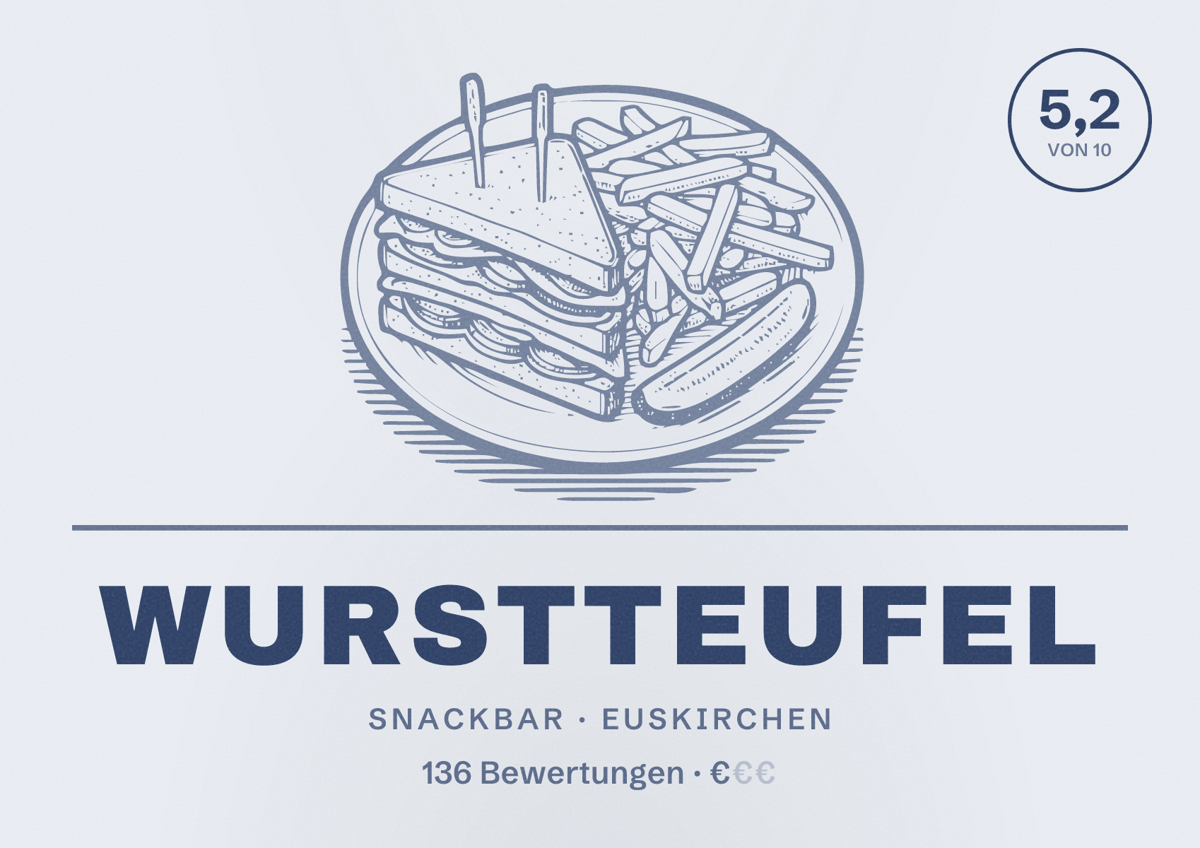 Illustriertes Poster von Wurstteufel, Snackbar in Euskirchen: Bewertung 5,2 von 10 aus 136 Bewertungen, Preisniveau €