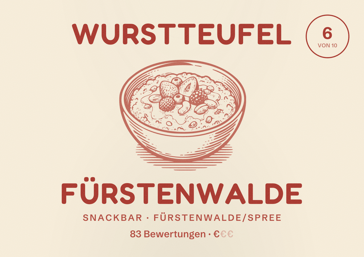 Illustriertes Poster von Wurstteufel Fürstenwalde, Snackbar in Fürstenwalde/Spree: Bewertung 6 von 10 aus 83 Bewertungen, Preisniveau €