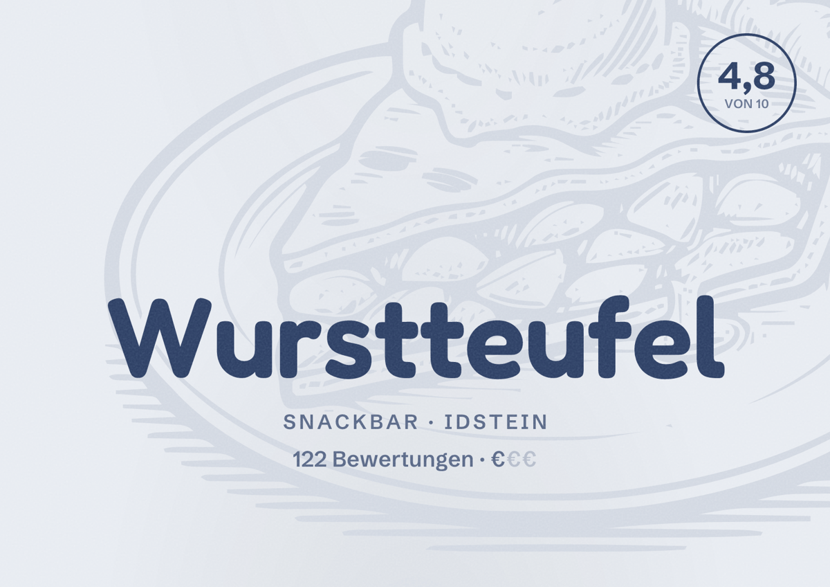Illustriertes Poster von Wurstteufel, Snackbar in Idstein: Bewertung 4,8 von 10 aus 122 Bewertungen, Preisniveau €
