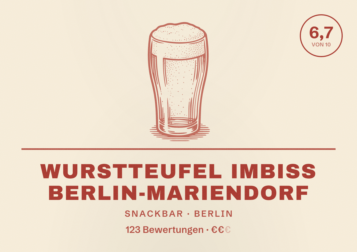 Illustriertes Poster von Wurstteufel Imbiss Berlin-Mariendorf, Snackbar in Berlin: Bewertung 6,7 von 10 aus 123 Bewertungen, Preisniveau €€