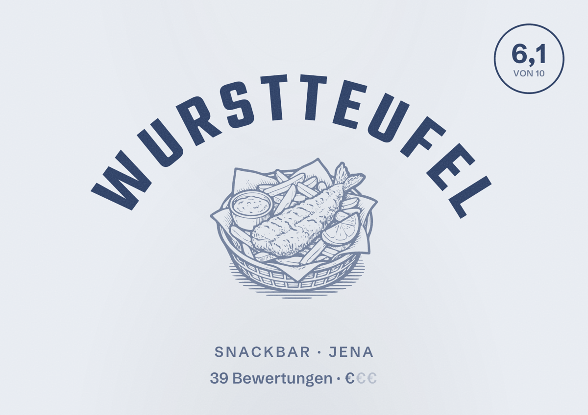 Illustriertes Poster von Wurstteufel, Snackbar in Jena: Bewertung 6,1 von 10 aus 39 Bewertungen, Preisniveau €