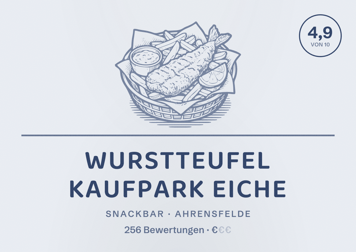 Illustriertes Poster von Wurstteufel Kaufpark Eiche, Snackbar in Ahrensfelde: Bewertung 4,9 von 10 aus 256 Bewertungen, Preisniveau €