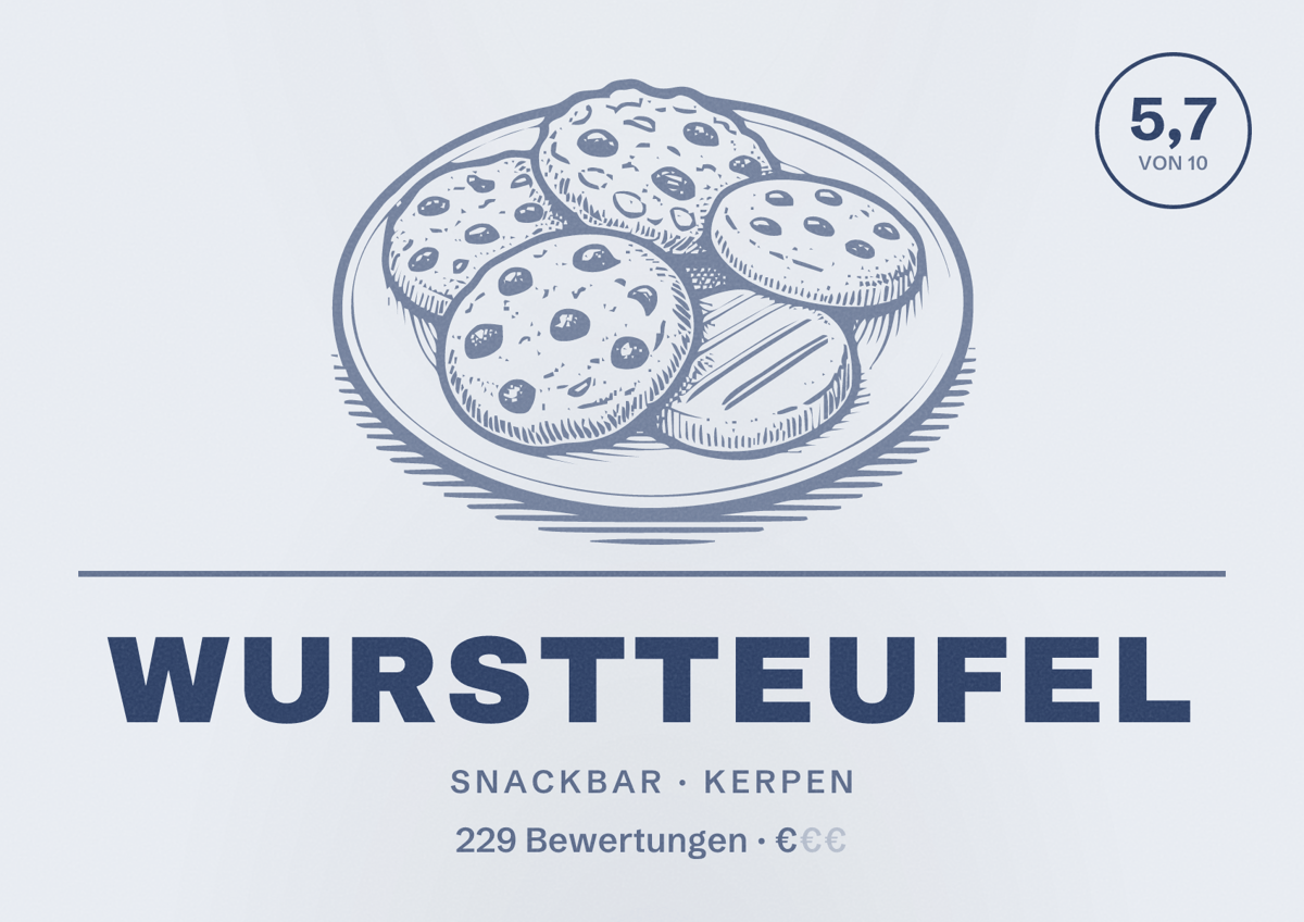 Illustriertes Poster von Wurstteufel, Snackbar in Kerpen: Bewertung 5,7 von 10 aus 229 Bewertungen, Preisniveau €