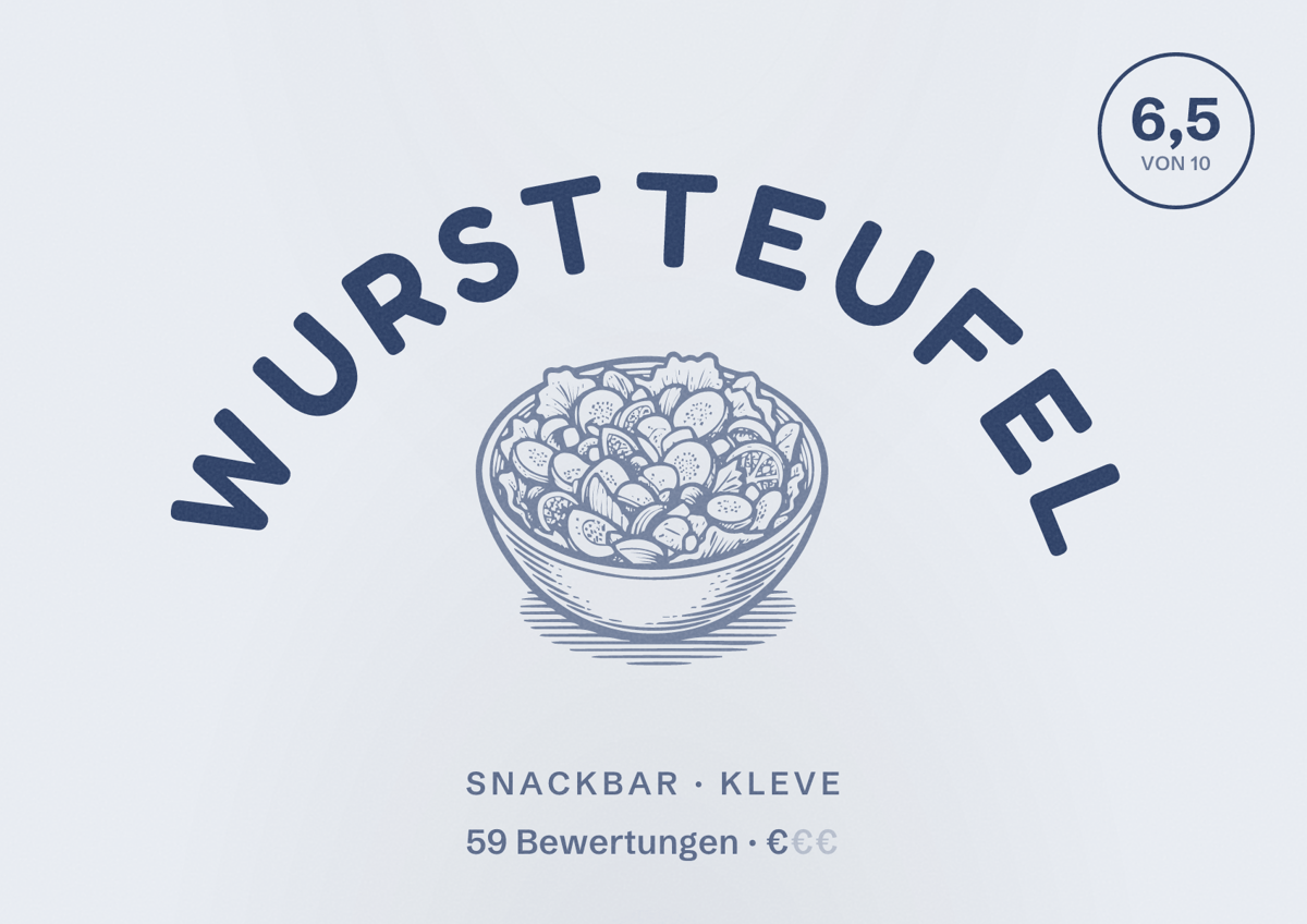 Illustriertes Poster von Wurstteufel, Snackbar in Kleve: Bewertung 6,5 von 10 aus 59 Bewertungen, Preisniveau €