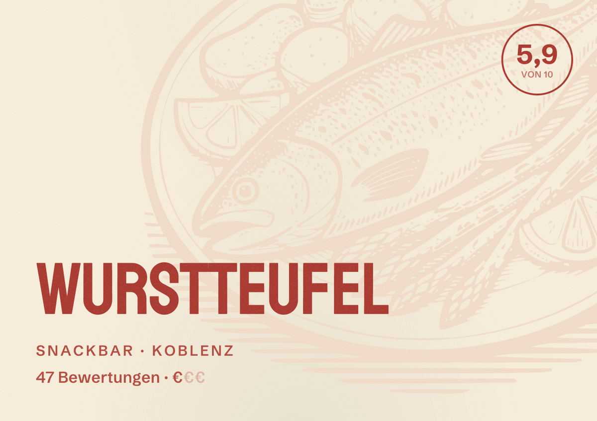 Illustriertes Poster von Wurstteufel, Snackbar in Koblenz: Bewertung 5,9 von 10 aus 47 Bewertungen, Preisniveau €