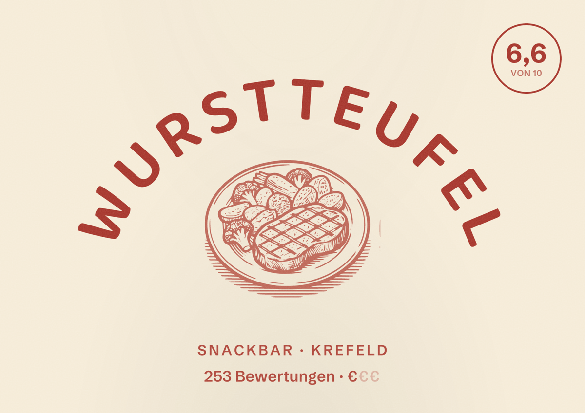 Illustriertes Poster von Wurstteufel, Snackbar in Krefeld: Bewertung 6,6 von 10 aus 253 Bewertungen, Preisniveau €