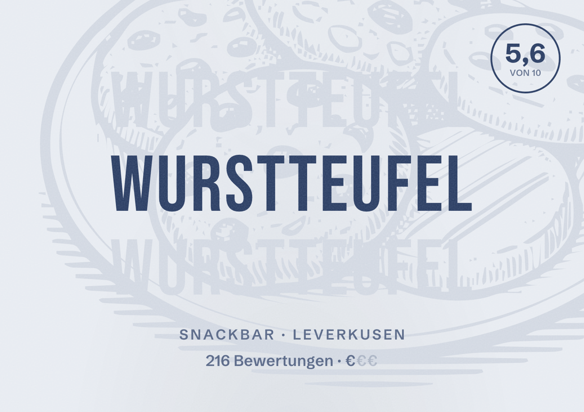 Illustriertes Poster von Wurstteufel, Snackbar in Leverkusen: Gästebewertung 5,6 von 10 aus 216 Bewertungen