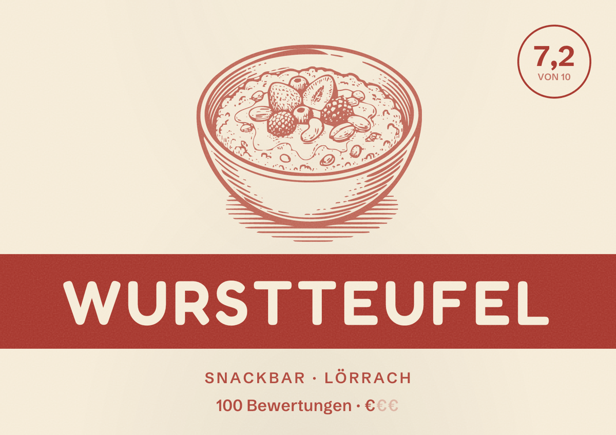 Illustriertes Poster von Wurstteufel, Snackbar in Lörrach: Bewertung 7,2 von 10 aus 100 Bewertungen, Preisniveau €