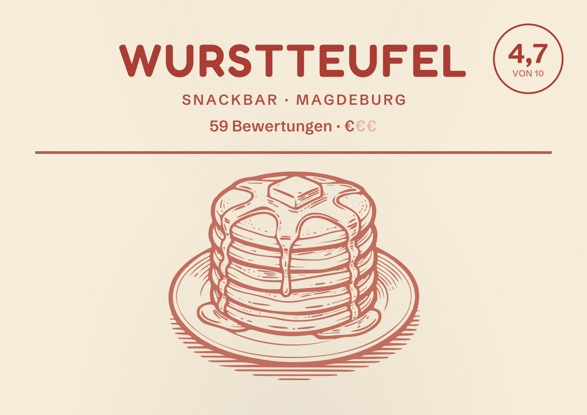 Illustriertes Poster von Wurstteufel, Snackbar in Magdeburg: Bewertung 4,7 von 10 aus 59 Bewertungen, Preisniveau €