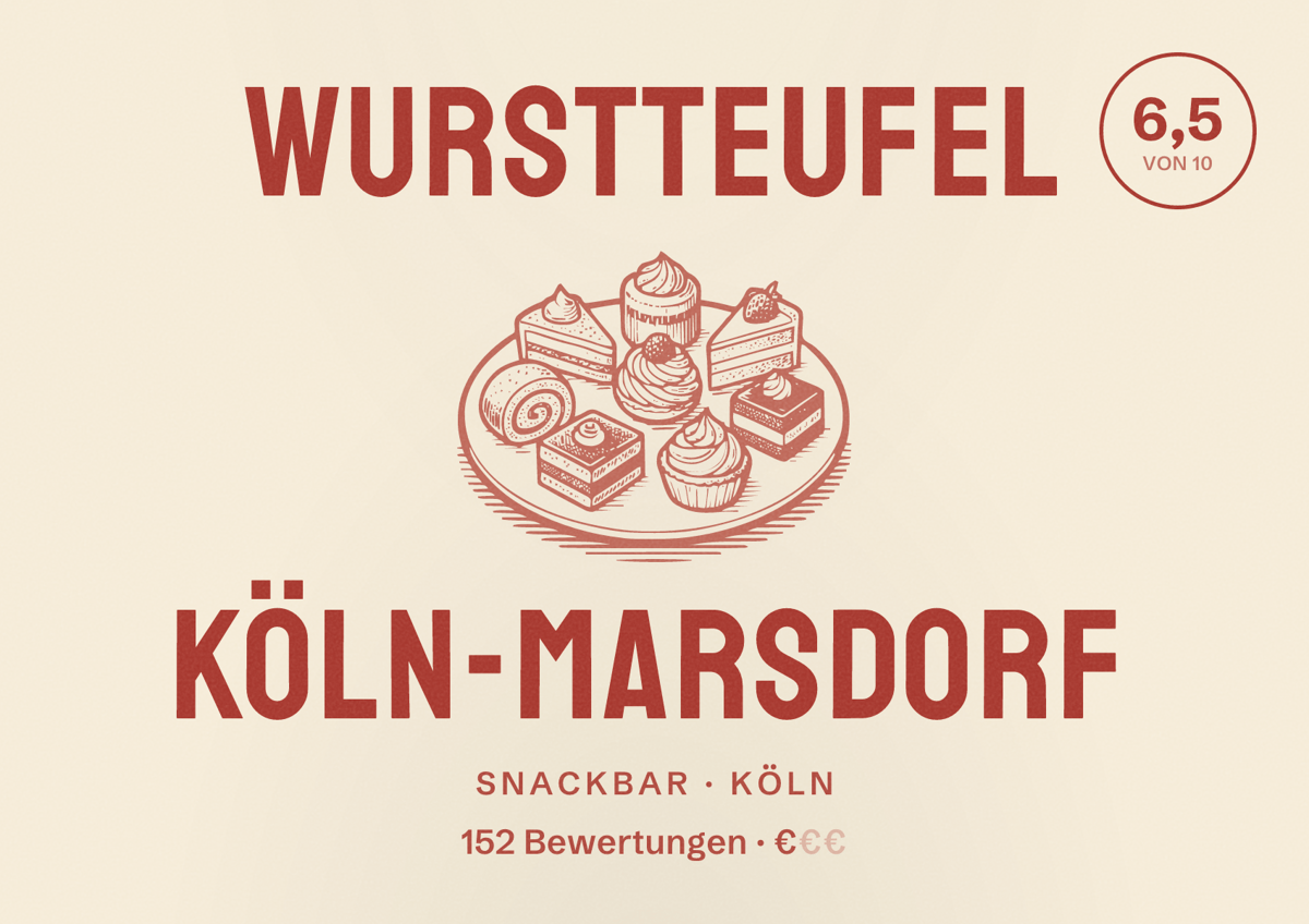 Illustriertes Poster von Wurstteufel Köln-Marsdorf, Snackbar in Köln: Bewertung 6,5 von 10 aus 152 Bewertungen, Preisniveau €
