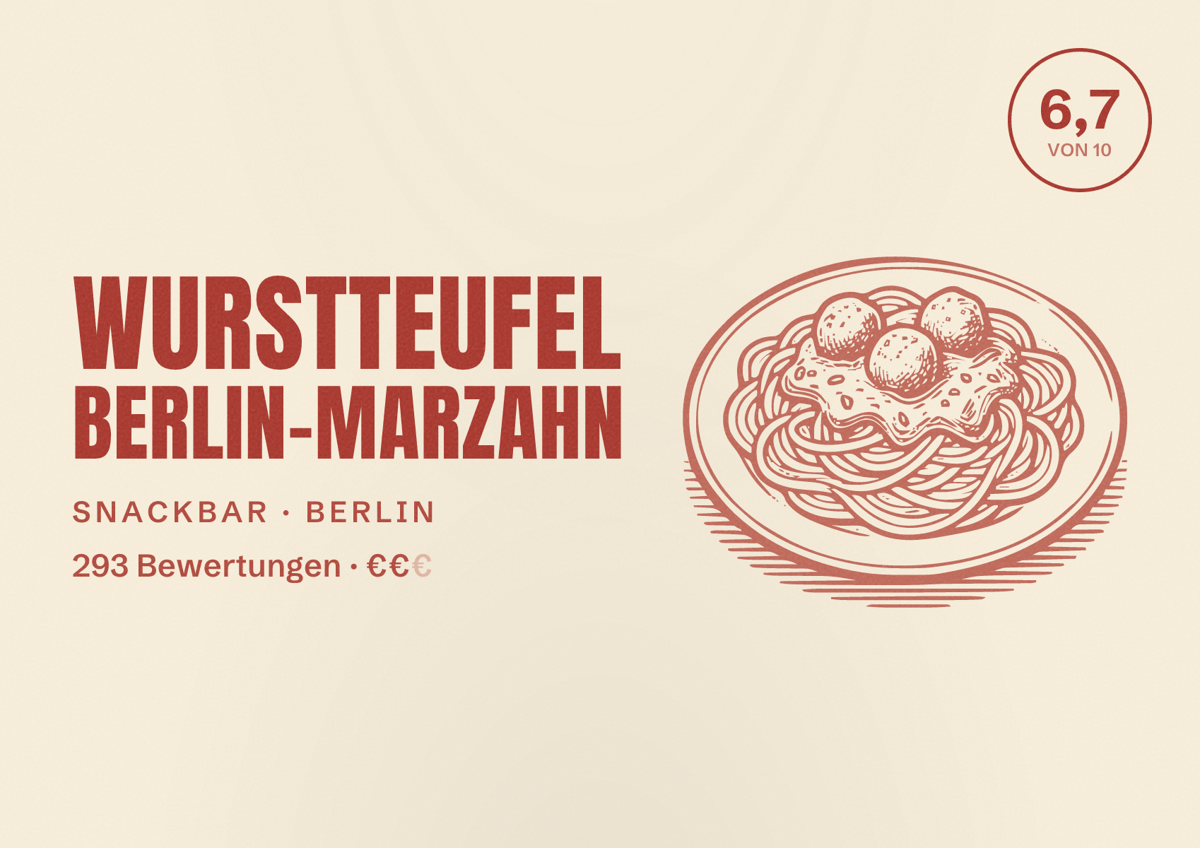 Illustriertes Poster von Wurstteufel Berlin-Marzahn, Snackbar in Berlin: Bewertung 6,7 von 10 aus 293 Bewertungen, Preisniveau €€