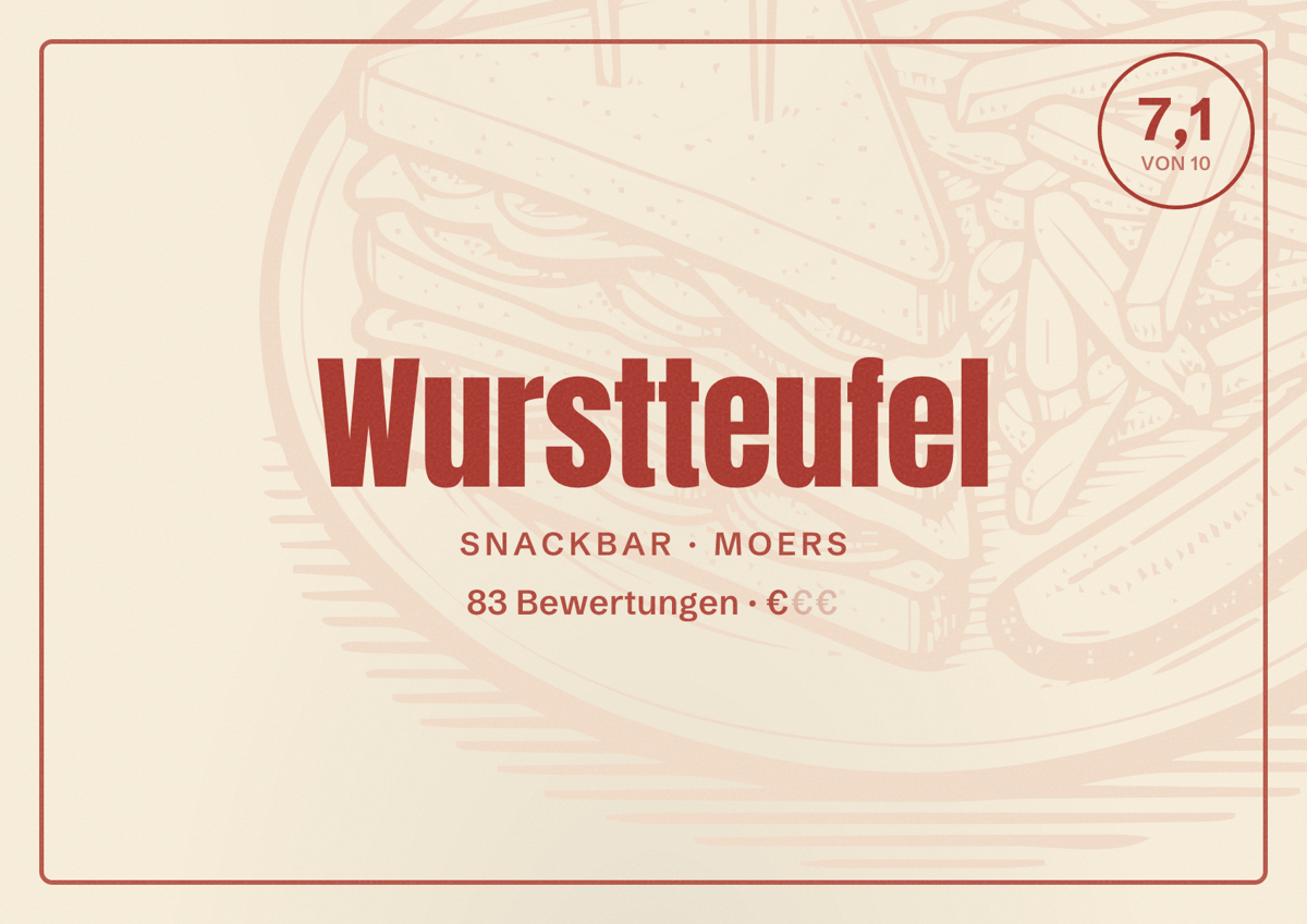 Illustriertes Poster von Wurstteufel, Snackbar in Moers: Bewertung 7,1 von 10 aus 83 Bewertungen, Preisniveau €