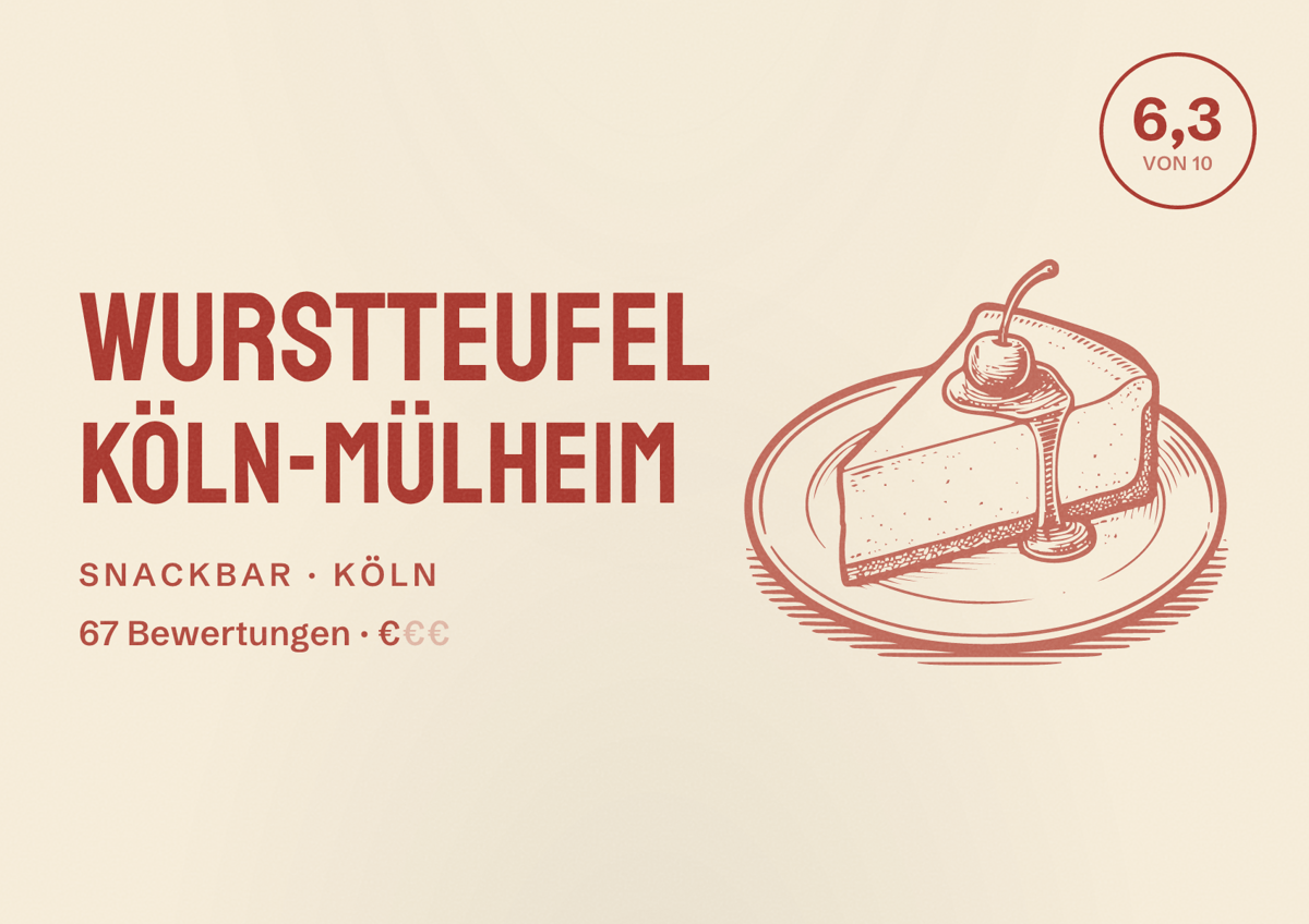 Illustriertes Poster von Wurstteufel Köln-Mülheim, Snackbar in Köln: Bewertung 6,3 von 10 aus 67 Bewertungen, Preisniveau €