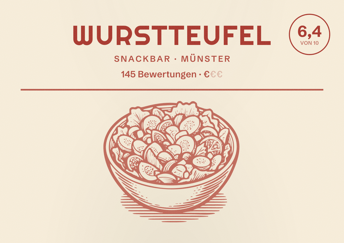 Illustriertes Poster von Wurstteufel, Snackbar in Münster: Bewertung 6,4 von 10 aus 145 Bewertungen, Preisniveau €