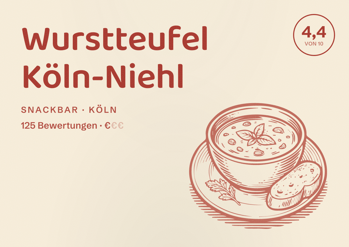 Illustriertes Poster von Wurstteufel Köln-Niehl, Snackbar in Köln: Bewertung 4,4 von 10 aus 125 Bewertungen, Preisniveau €