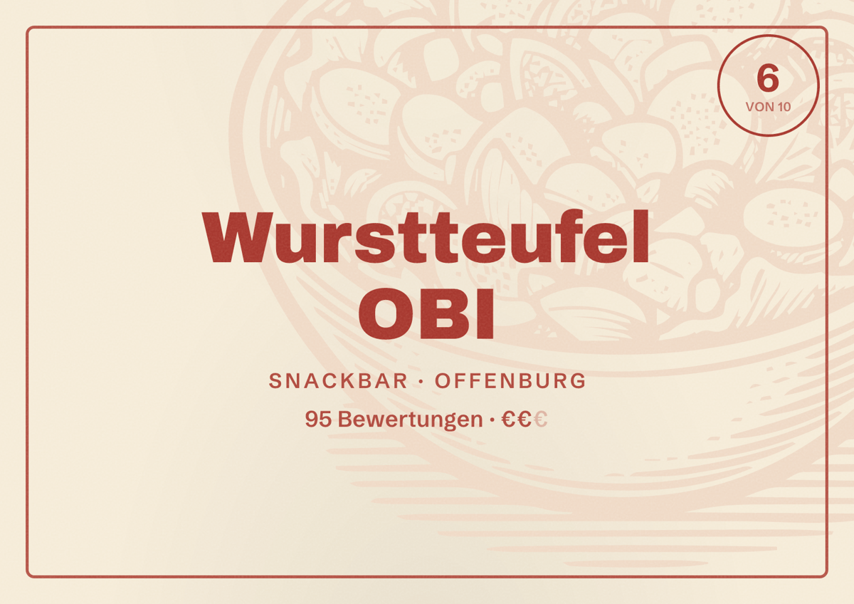 Illustriertes Poster von Wurstteufel OBI, Snackbar in Offenburg: Bewertung 6 von 10 aus 95 Bewertungen, Preisniveau €€