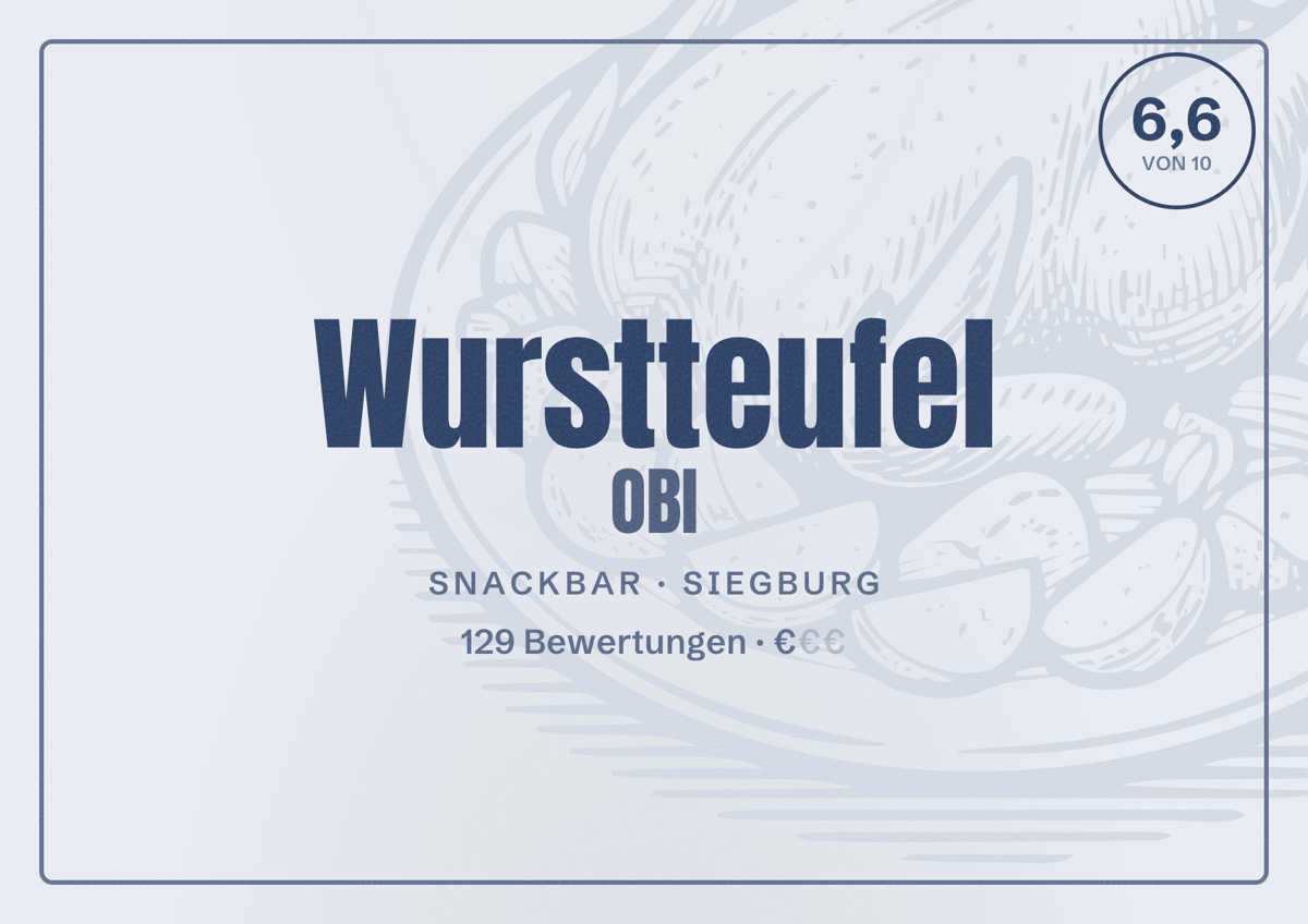 Illustriertes Poster von Wurstteufel OBI, Snackbar in Siegburg: Bewertung 6,6 von 10 aus 129 Bewertungen, Preisniveau €