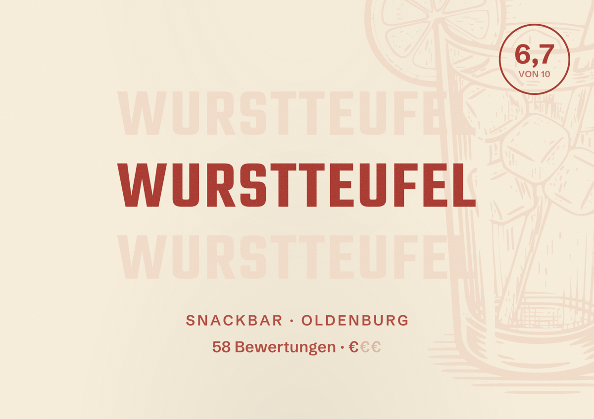Illustriertes Poster von Wurstteufel, Snackbar in Oldenburg: Bewertung 6,7 von 10 aus 58 Bewertungen, Preisniveau €
