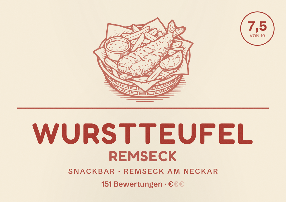 Illustriertes Poster von Wurstteufel Remseck, Snackbar in Remseck am Neckar: Bewertung 7,5 von 10 aus 151 Bewertungen, Preisniveau €